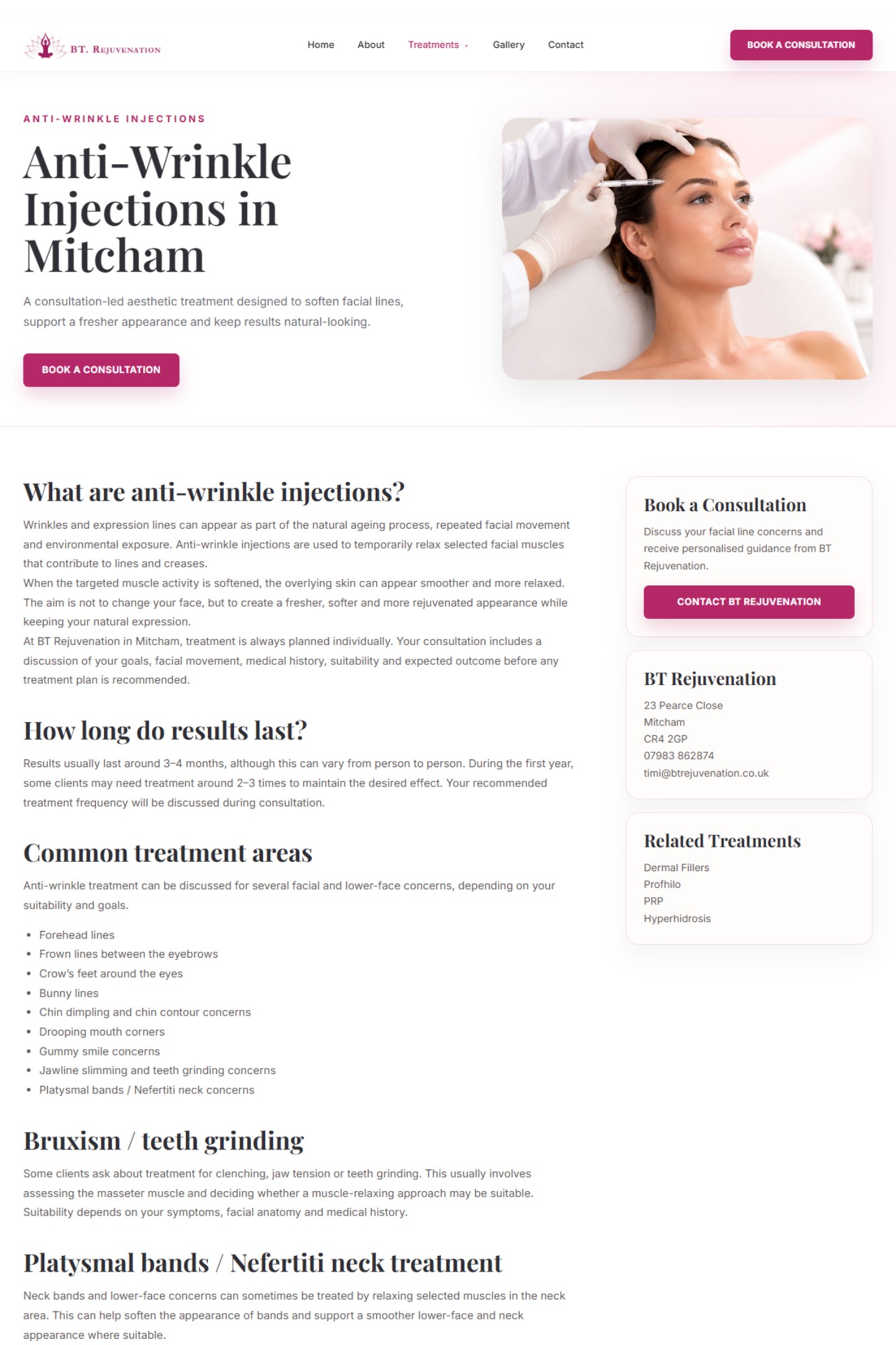 BT Rejuvenation mobile-friendly aesthetics clinic website screen