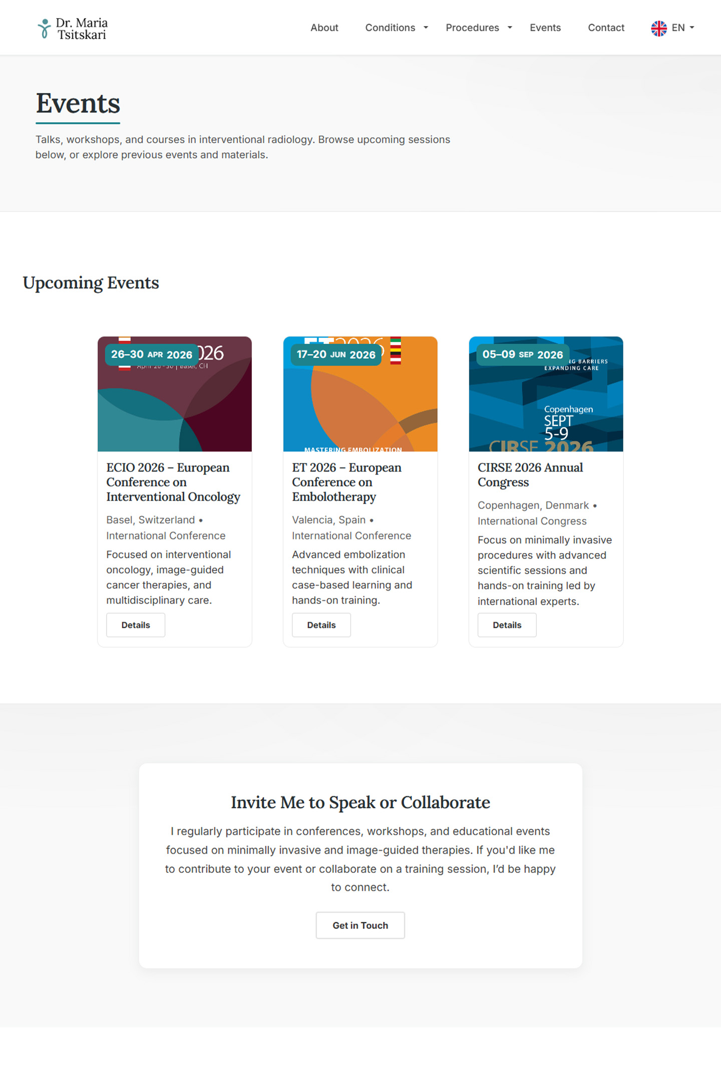 Dr. Maria Tsitskari media and publications page — authority-focused website design