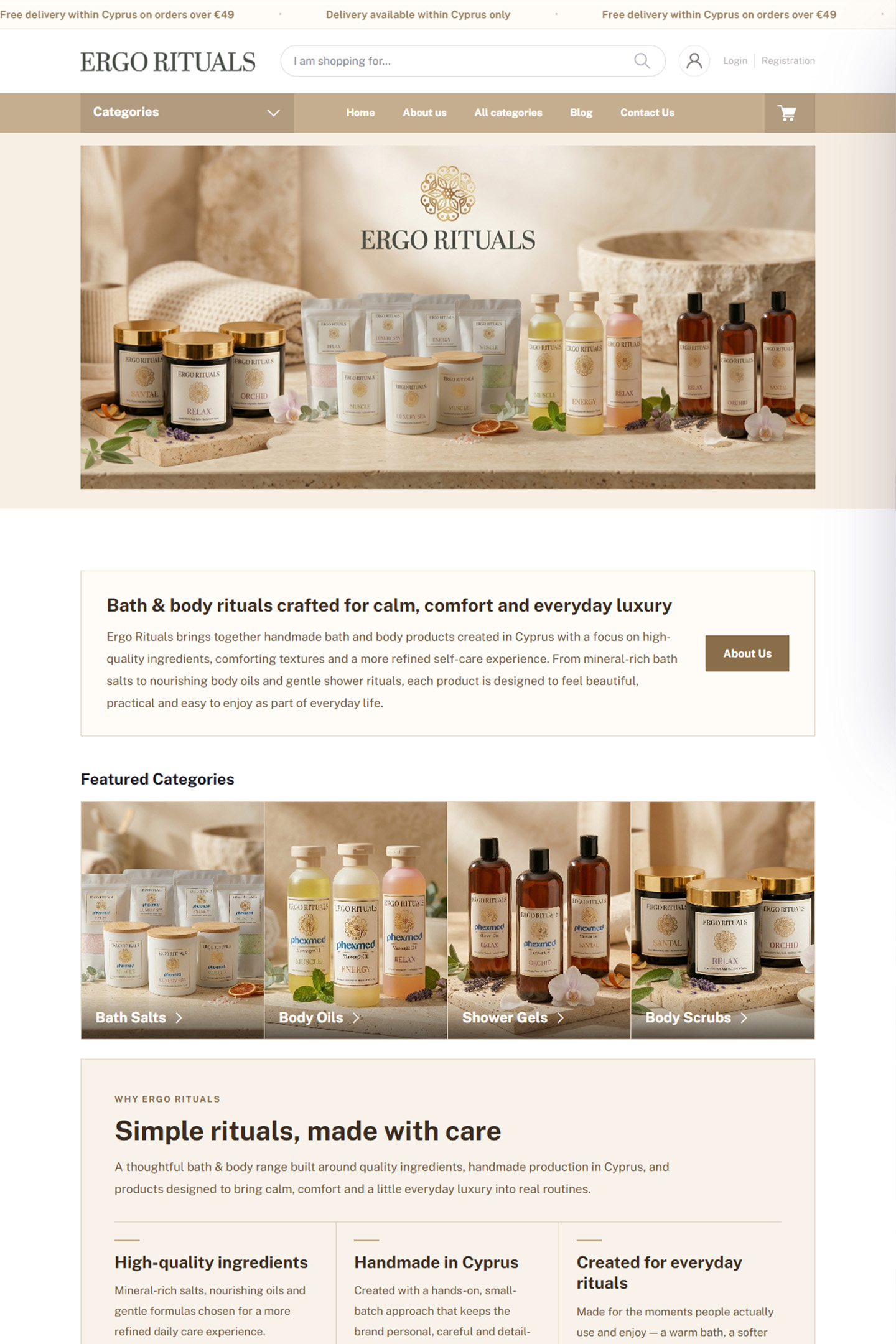 Ergo Rituals live e-commerce storefront and product presentation (Cyprus)