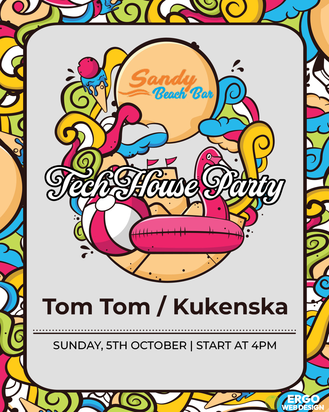 Sandy Beach nightlife flyer creative — consistent social-first event promo layout